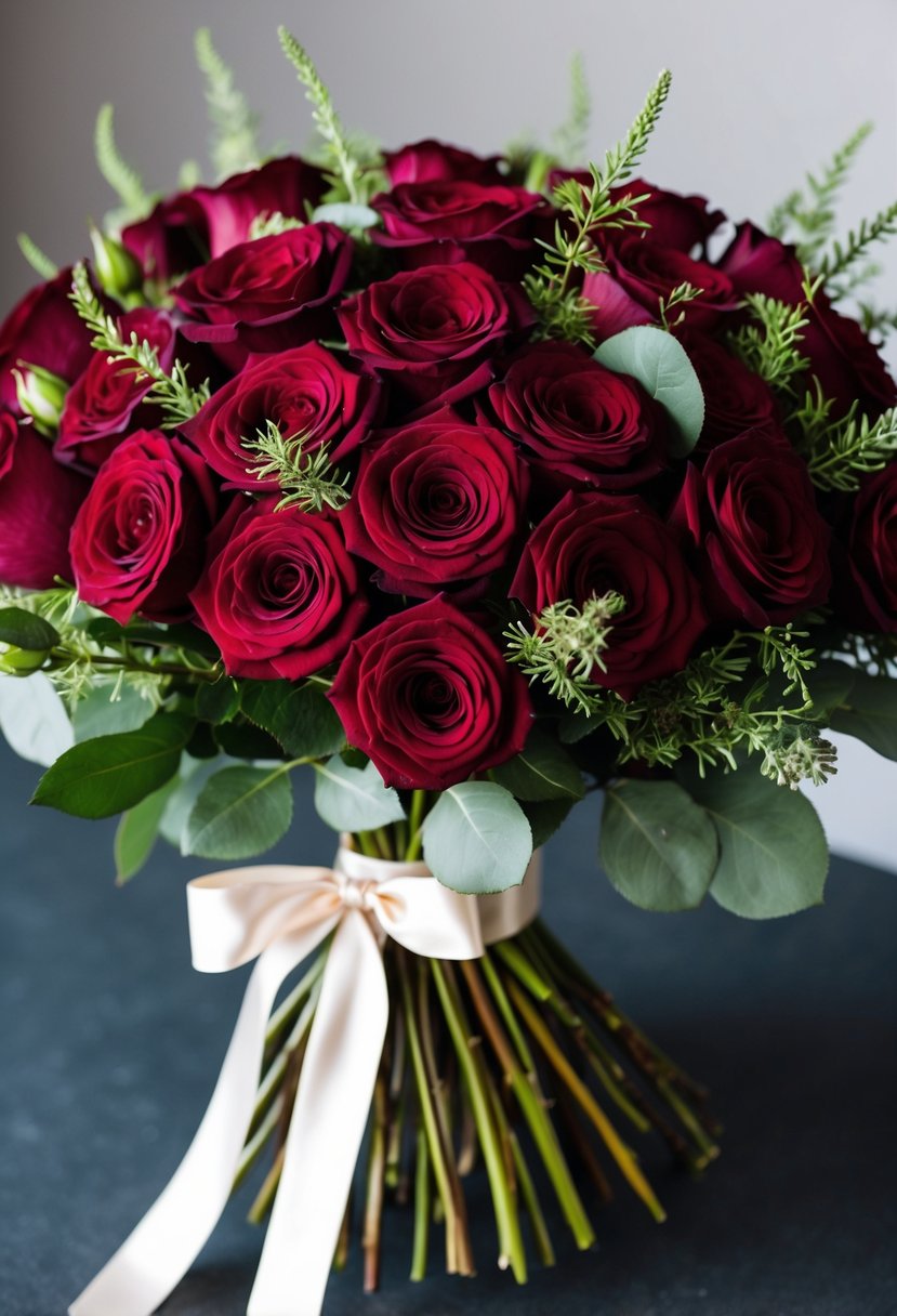 A lush bouquet of deep red roses, accented with delicate greenery, tied with a satin ribbon