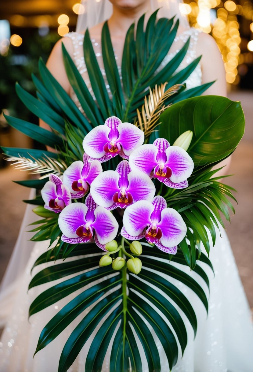 A lush bouquet featuring vibrant orchids and palm leaves, evoking tropical vibes for a Vegas wedding