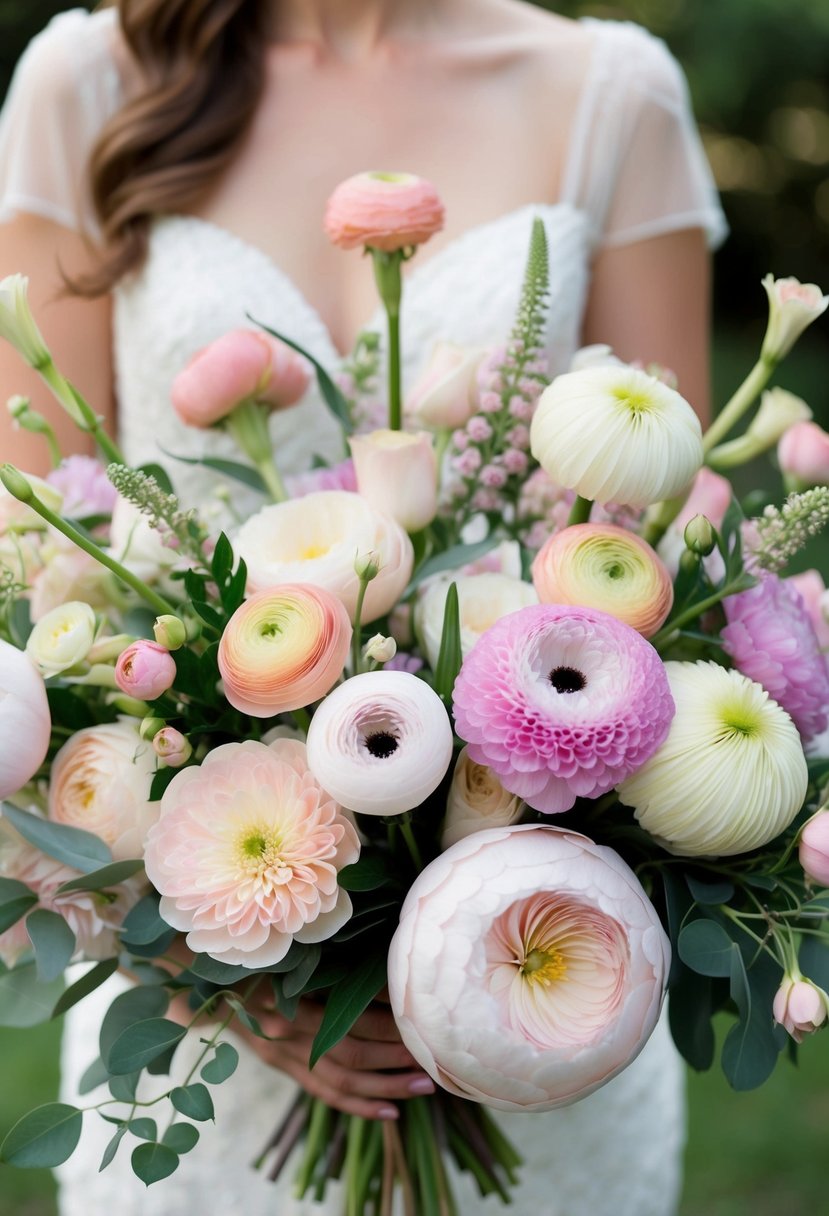 A delicate mix of lisianthus and ranunculus in pastel hues arranged in a wedding bouquet