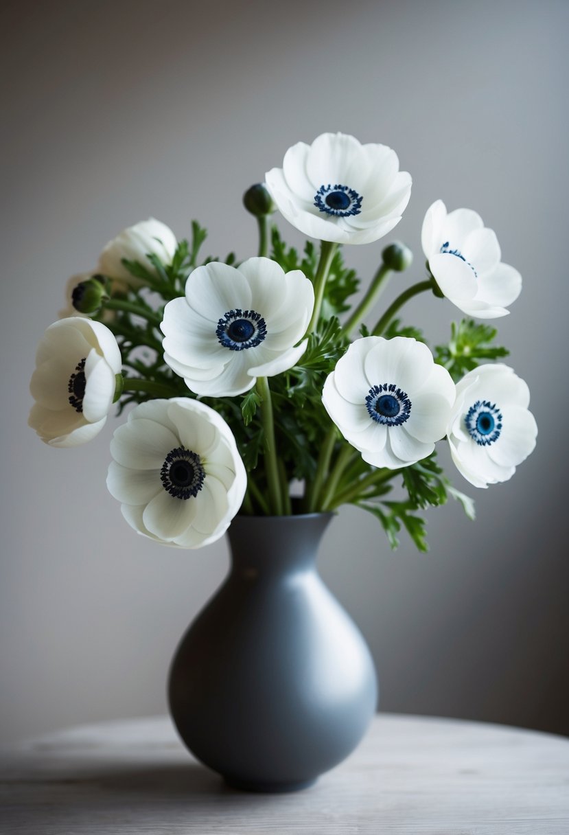 A simple, elegant bouquet of white anemones in a modern vase