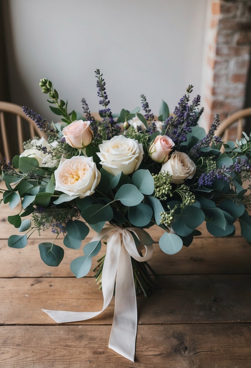 A rustic wooden table adorned with a lush arrangement of French-inspired Les Halles flowers, including roses, lavender, and eucalyptus, tied with a delicate silk ribbon