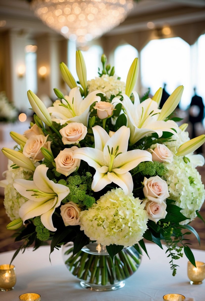 A grand bouquet of lilies and hydrangeas, fit for a royal Vegas wedding, exudes opulence and elegance