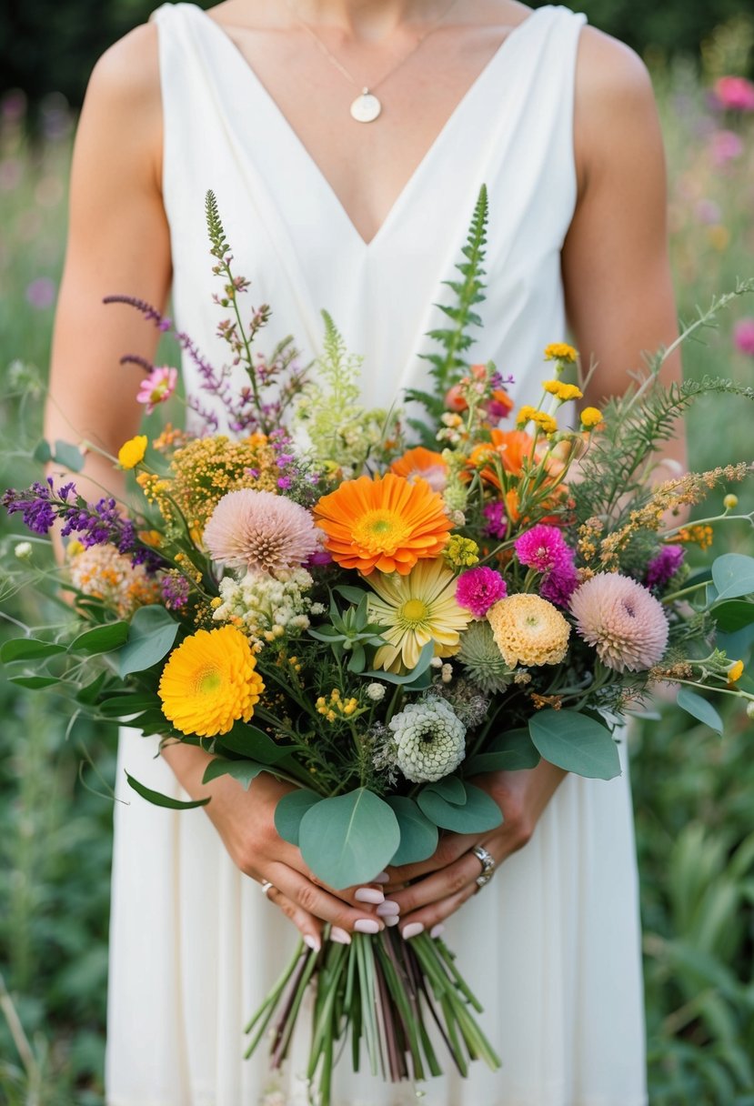 A vibrant mix of seasonal wildflowers arranged in a rustic, hand-tied bouquet with delicate greenery and pops of color