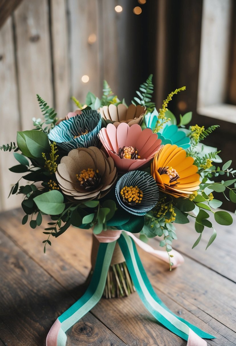 A vibrant bouquet of recycled paper flowers, adorned with eco-friendly ribbons and foliage, sits on a rustic wooden table