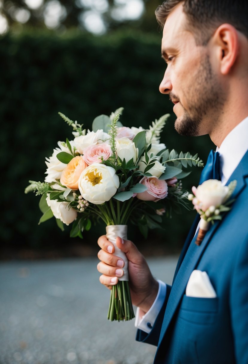 A single statement flower bouquet in a groom's hand