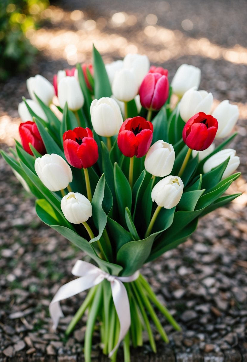 A bouquet of red and white tulips with lush greenery, tied with a simple ribbon