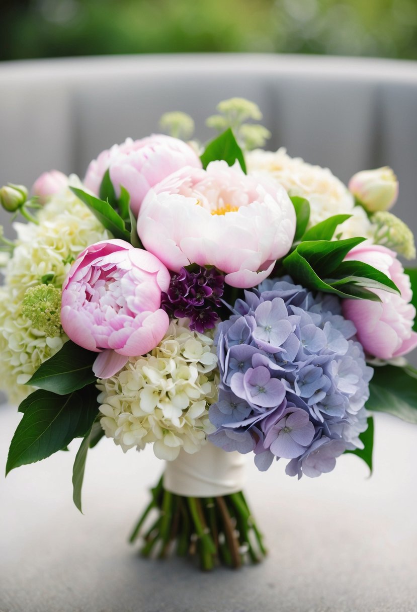 A lush, elegant mix of peonies and hydrangeas in a wedding bouquet