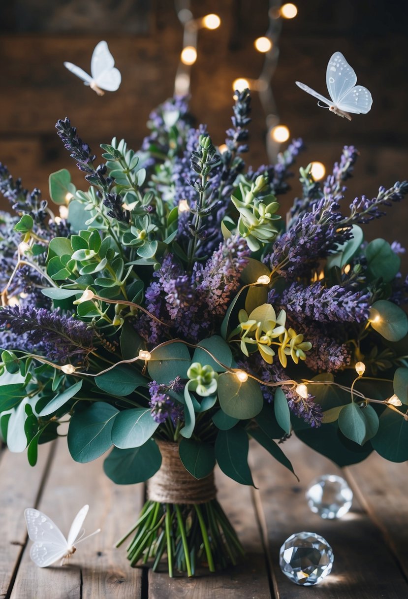 A lush bouquet of lavender and eucalyptus, intertwined with delicate fairy lights, sits on a rustic wooden table. Sparkling crystals and small, ethereal butterflies hover around the enchanting arrangement