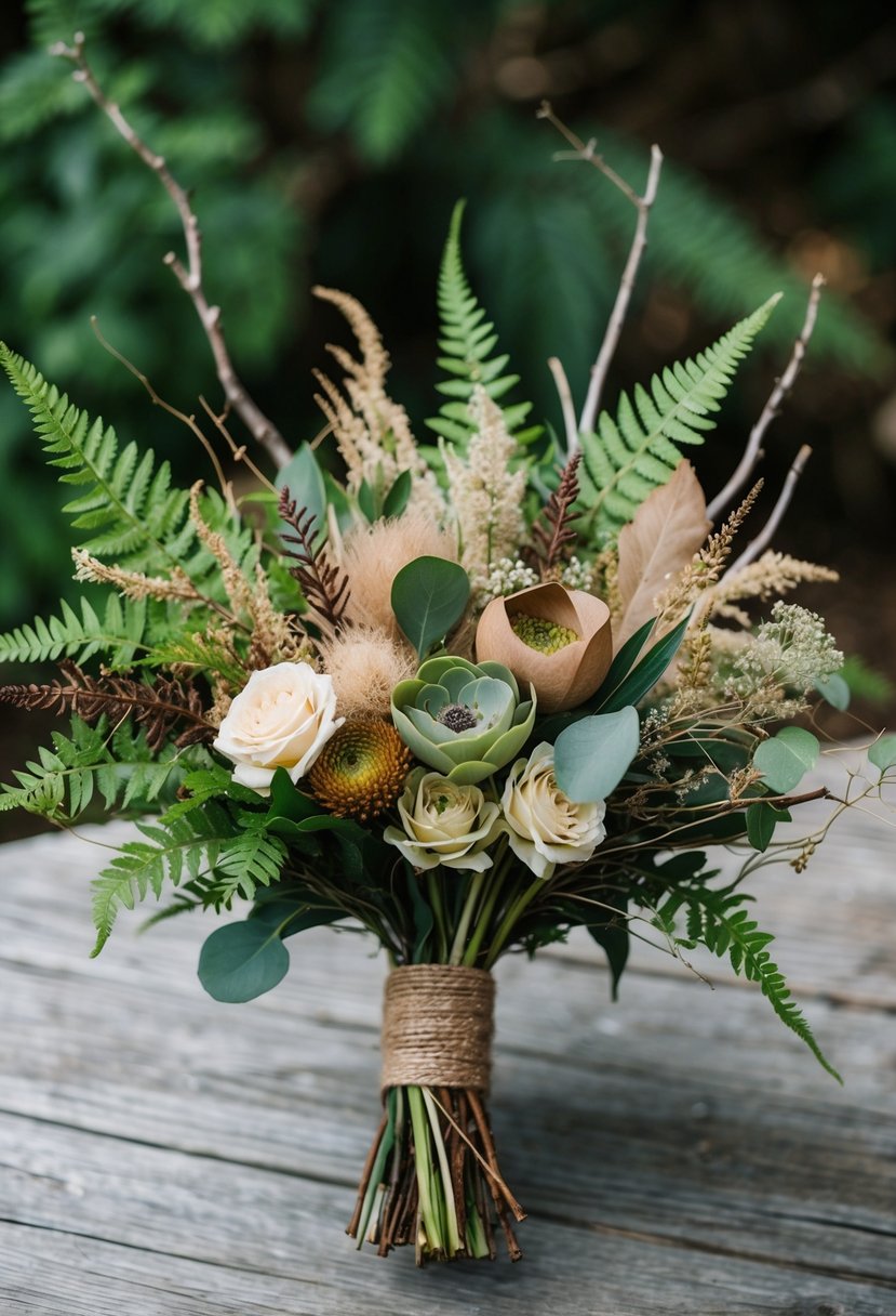 A rustic wedding bouquet featuring earthy tones of green, brown, and beige, with natural elements such as ferns, twigs, and wildflowers