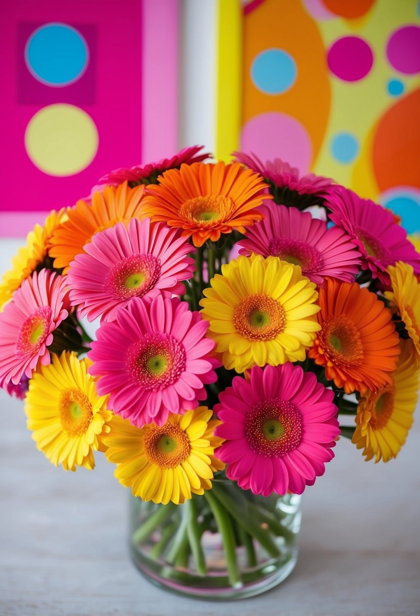 A colorful bouquet of vibrant Gerbera daisies arranged in a modern, pop art-inspired style, with bright pinks, oranges, and yellows