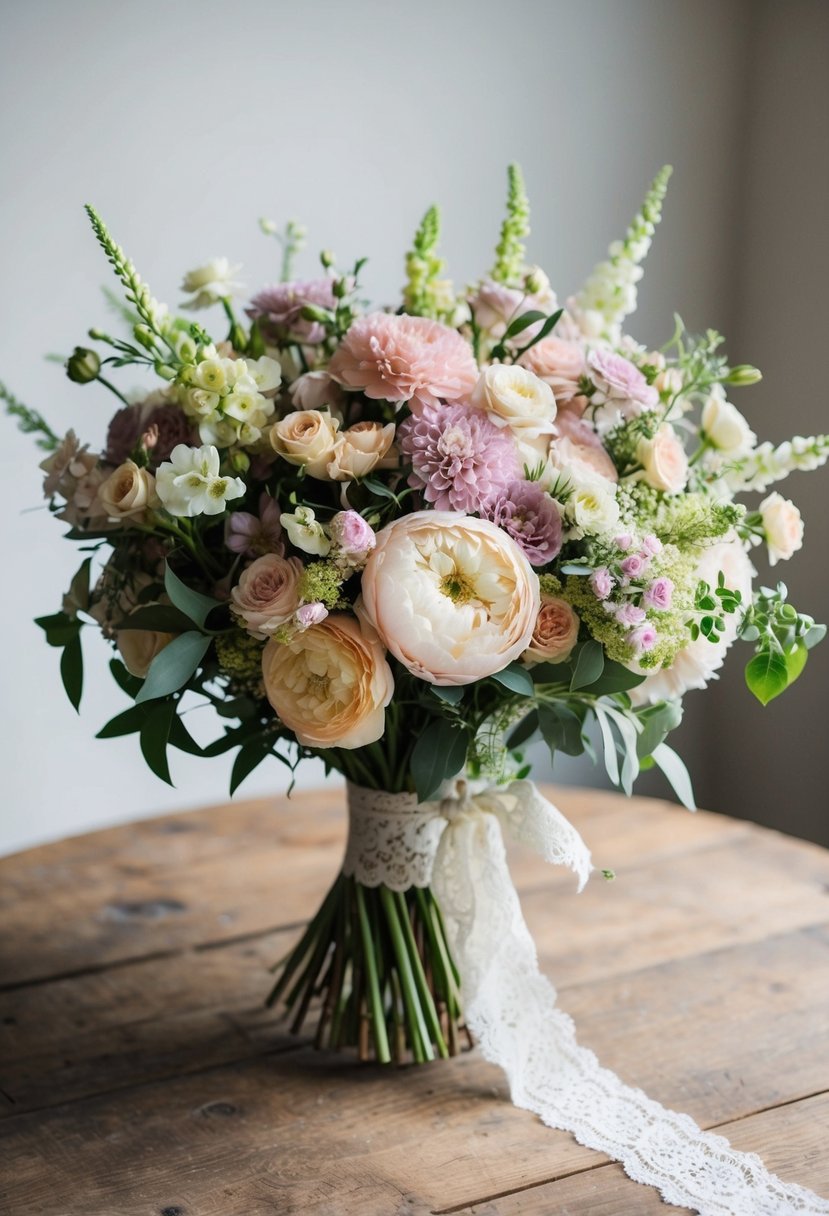 A rustic wooden table adorned with a lush, vintage-inspired bouquet of mixed blooms in soft pastel hues, tied with a delicate lace ribbon