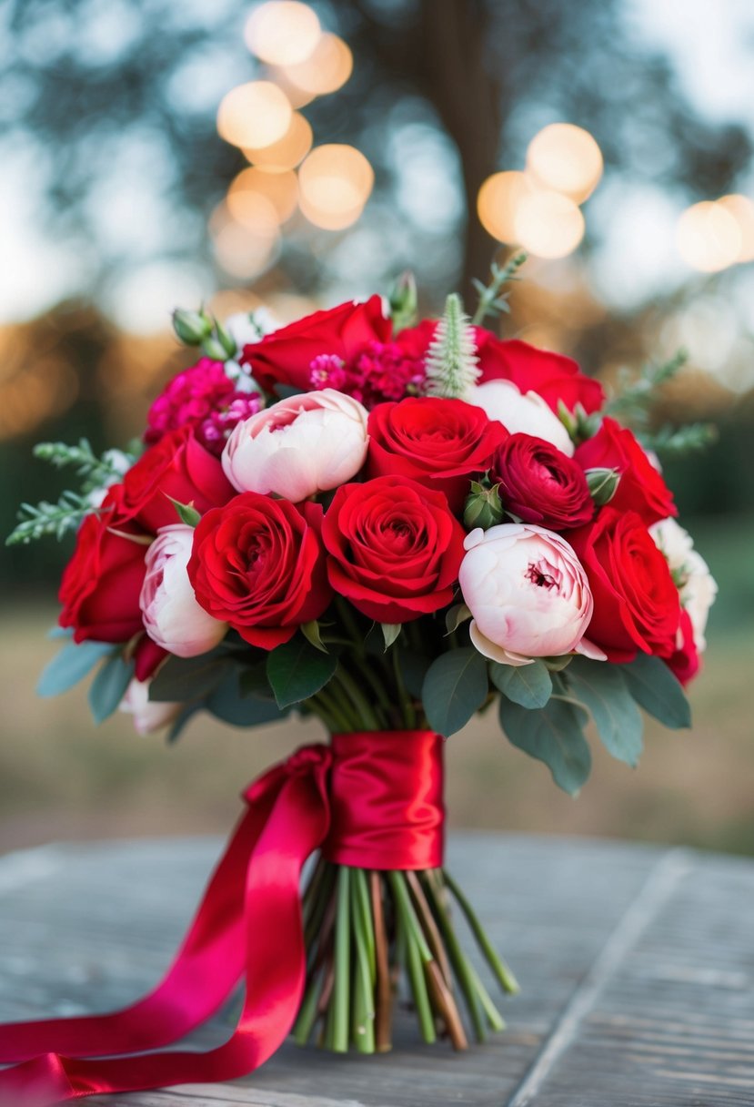 A vibrant red wedding bouquet with roses, peonies, and ranunculus tied with a satin ribbon