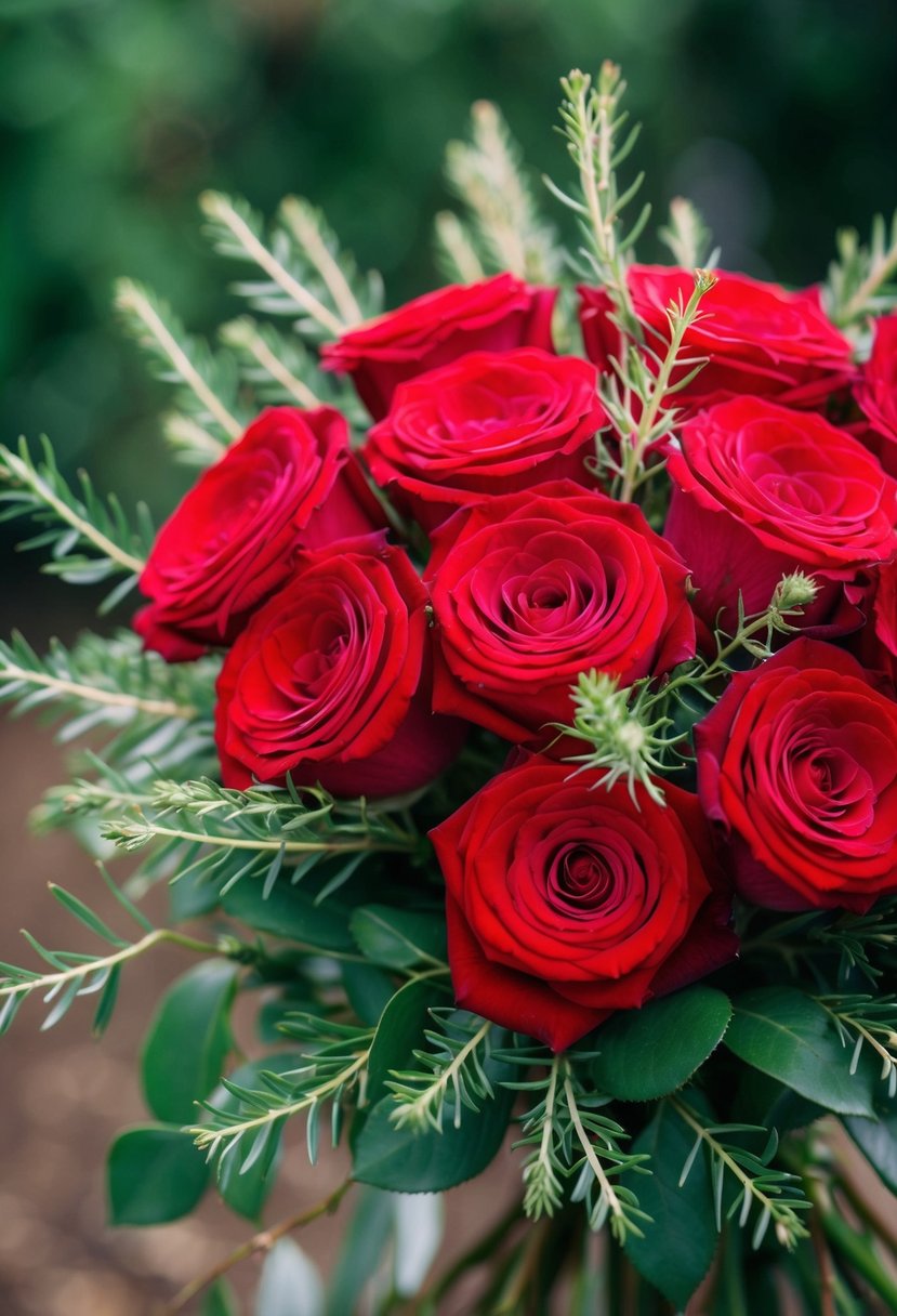 A vibrant bouquet of red roses intertwined with delicate greenery sprigs