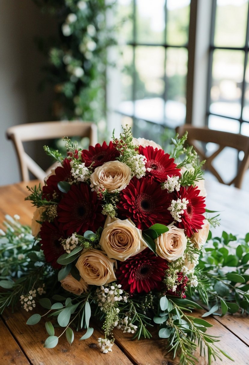 A rustic red and beige wedding bouquet sits on a wooden table, surrounded by greenery and small white flowers