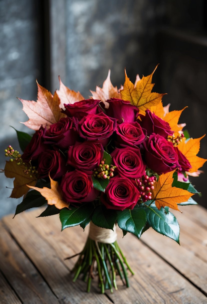 A bouquet of crimson roses and autumn leaves arranged in a rustic, elegant style