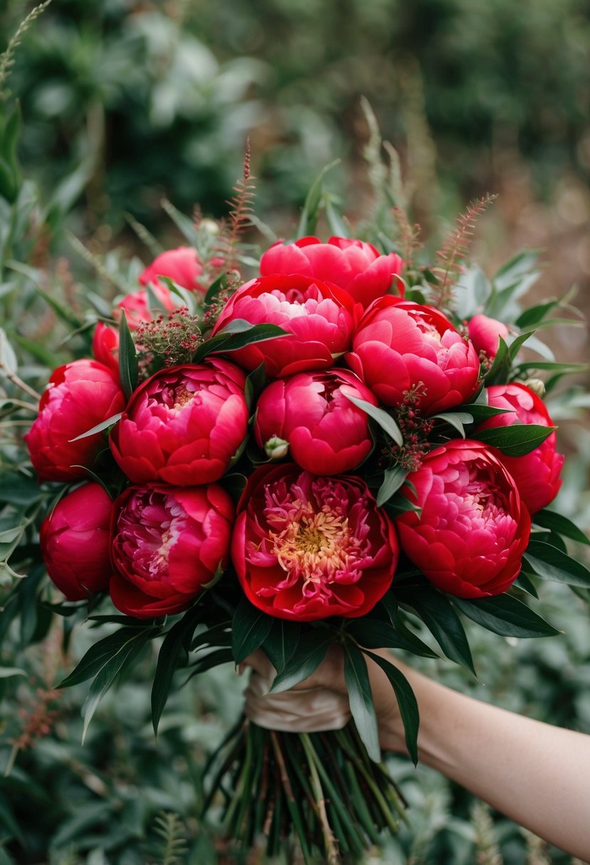 A lush red wedding bouquet of peony roses surrounded by wild foliage