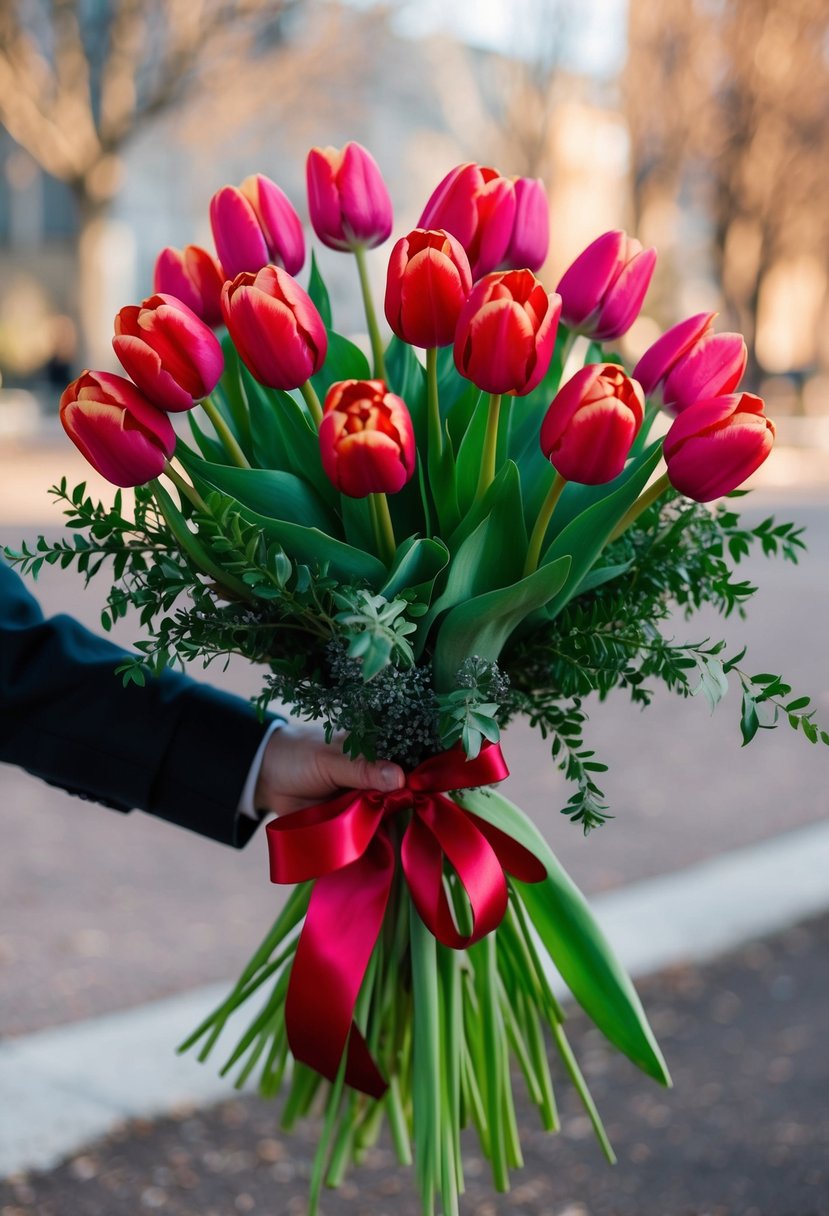 A hand-tied bouquet of vibrant red tulips, accented with greenery and tied with a satin ribbon