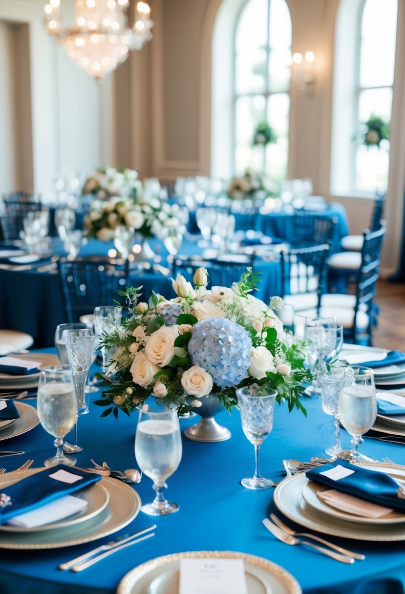 A blue-themed wedding table adorned with elegant floral centerpieces and delicate silver accents