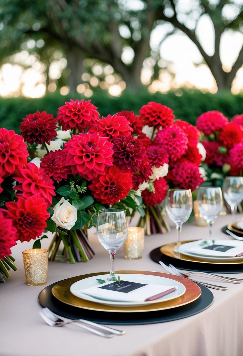 A table adorned with vibrant red dahlia arrangements, creating stunning wedding bouquet ideas