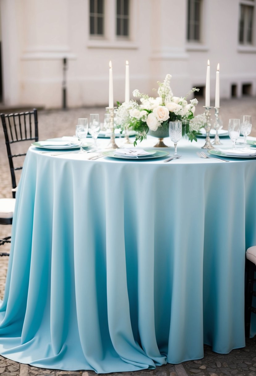 A long, elegant azure tablecloth drapes over a round table, adorned with delicate white flowers and silver candle holders, creating a serene and sophisticated wedding decor