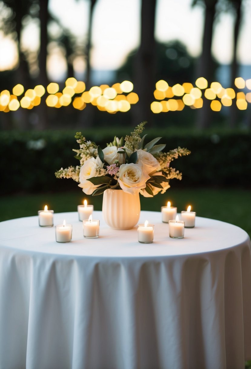 A small round table with a white tablecloth adorned with a simple floral centerpiece and scattered tea light candles