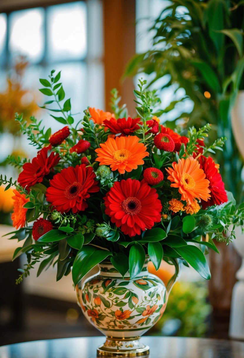 A vibrant bouquet of red and orange flowers, with green foliage, arranged in a decorative vase