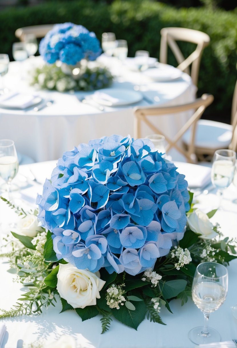 A vibrant blue hydrangea centerpiece sits atop a white table, surrounded by delicate greenery and smaller white flowers, creating an elegant and serene wedding decoration