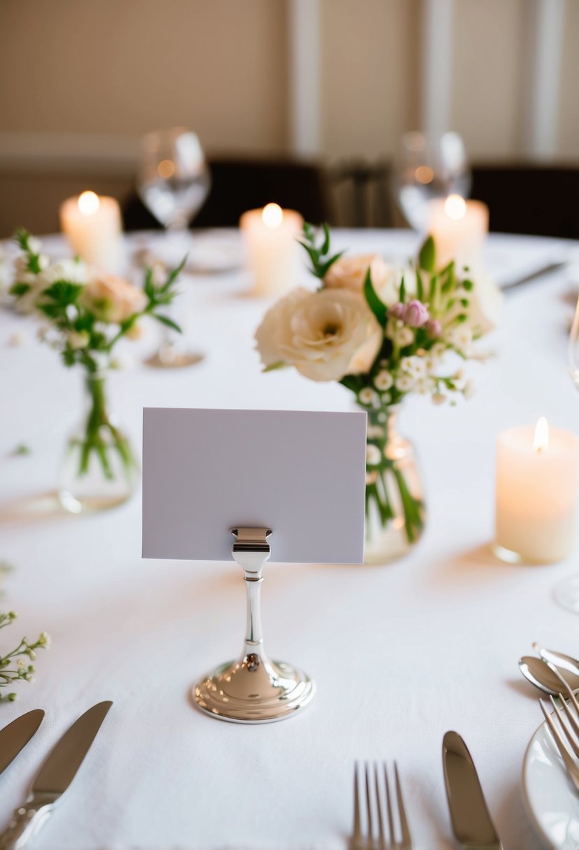 Silver place card holders arranged on a white tablecloth with delicate floral centerpieces and soft candlelight