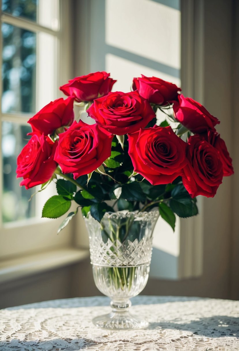 A classic red rose bouquet sits in a crystal vase on a lace-covered table. Sunshine filters through a nearby window, casting soft shadows on the delicate petals