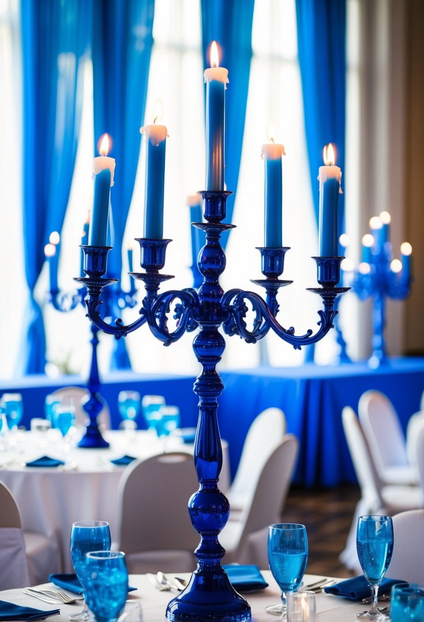 Blue candelabras adorn a wedding table, casting a charming glow on the elegant blue decorations