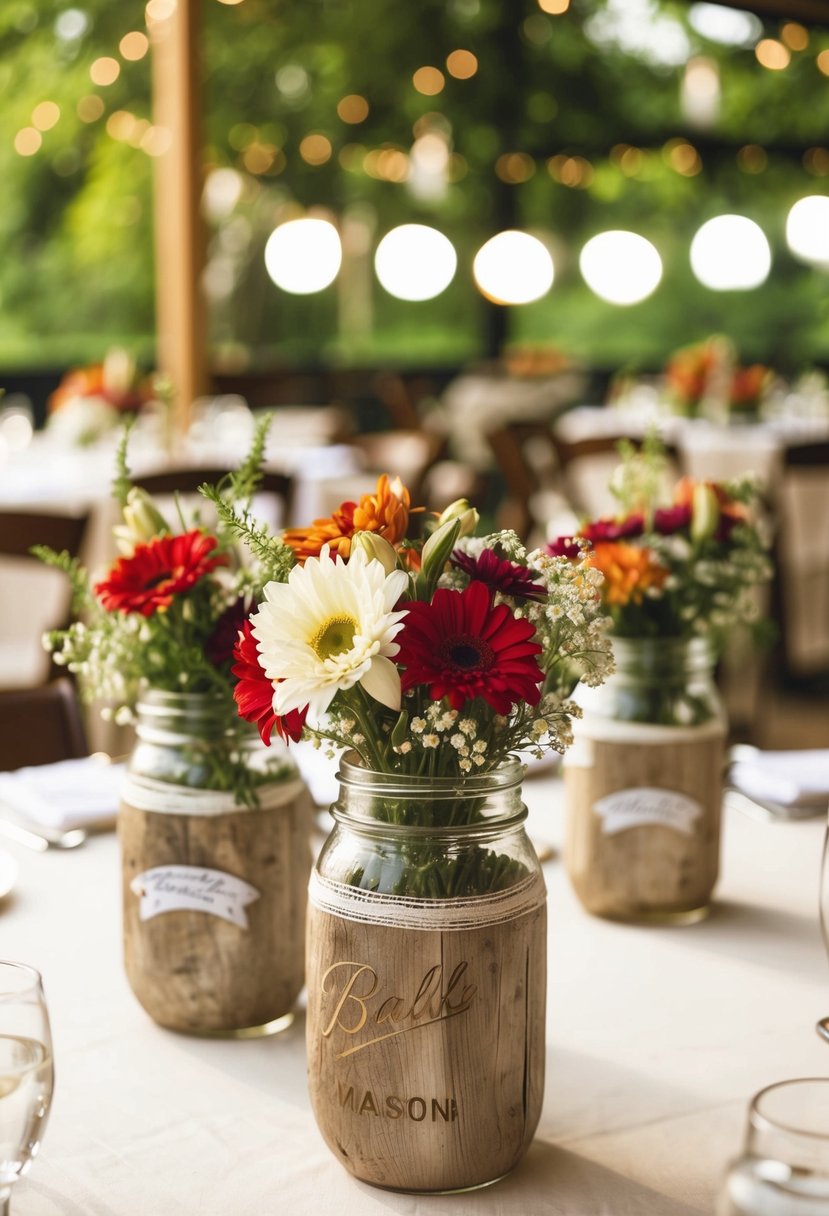 Rustic flower-filled mason jars adorn wedding tables