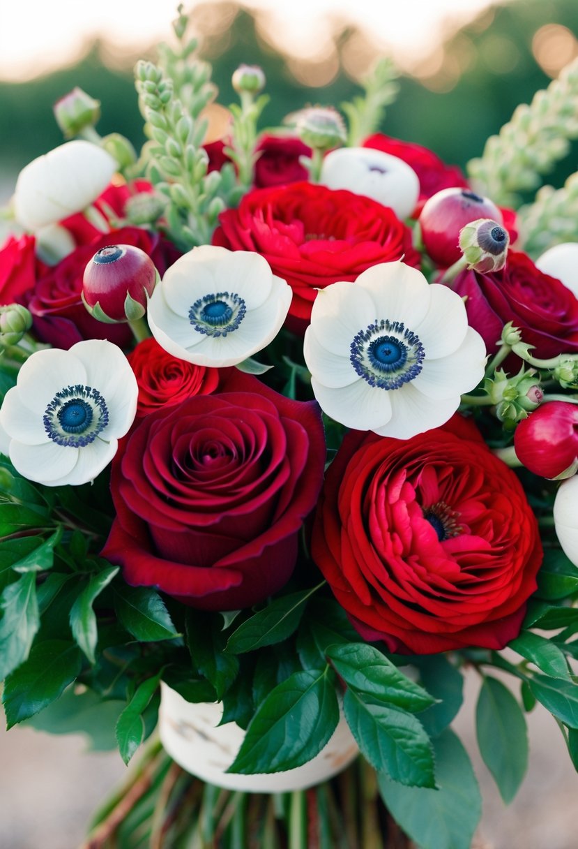 A vibrant wedding bouquet featuring anemones, ranunculus, and red roses arranged in a lush and romantic composition