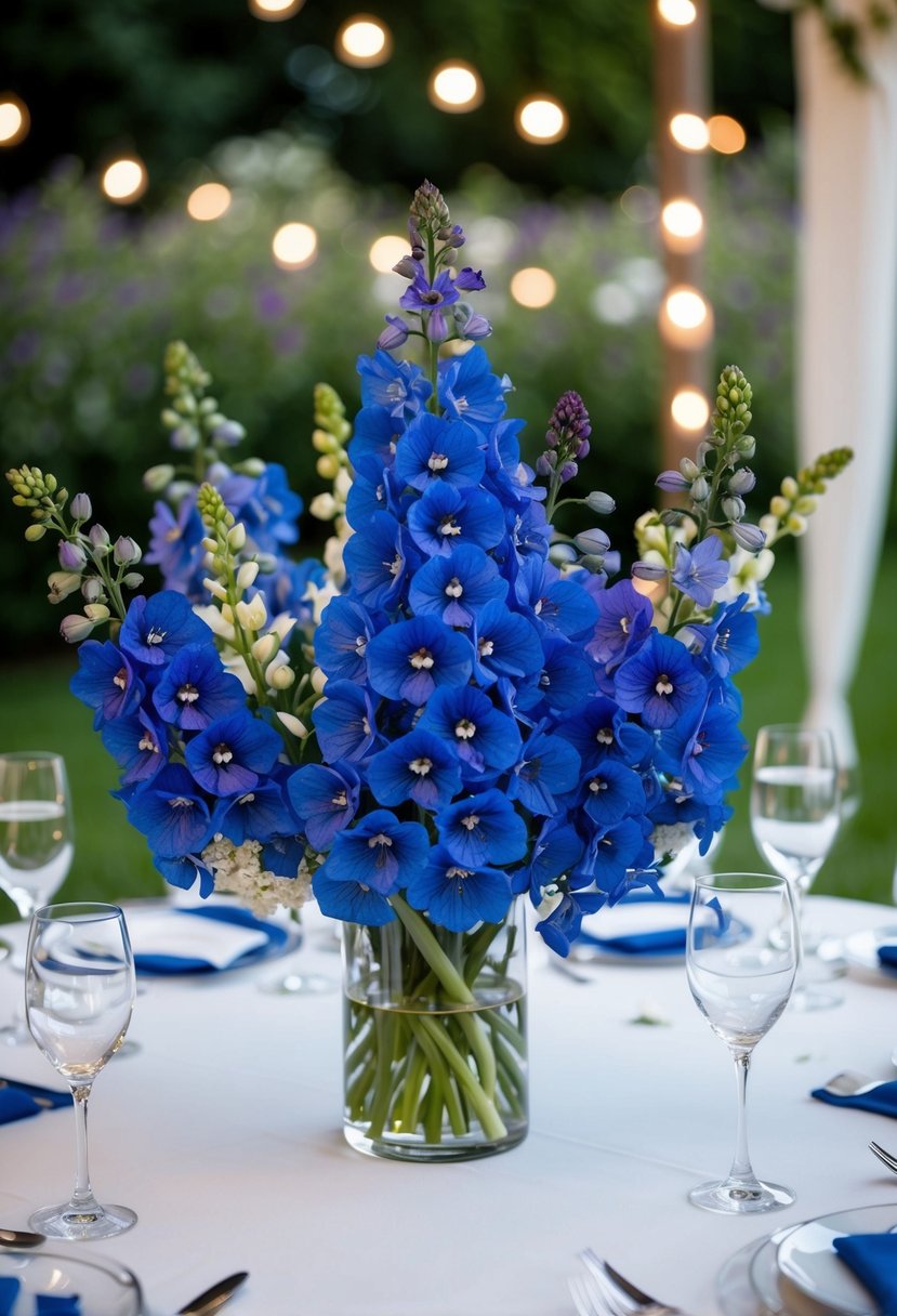 A table adorned with a mix of vibrant blue delphiniums, creating a delightful wedding centerpiece