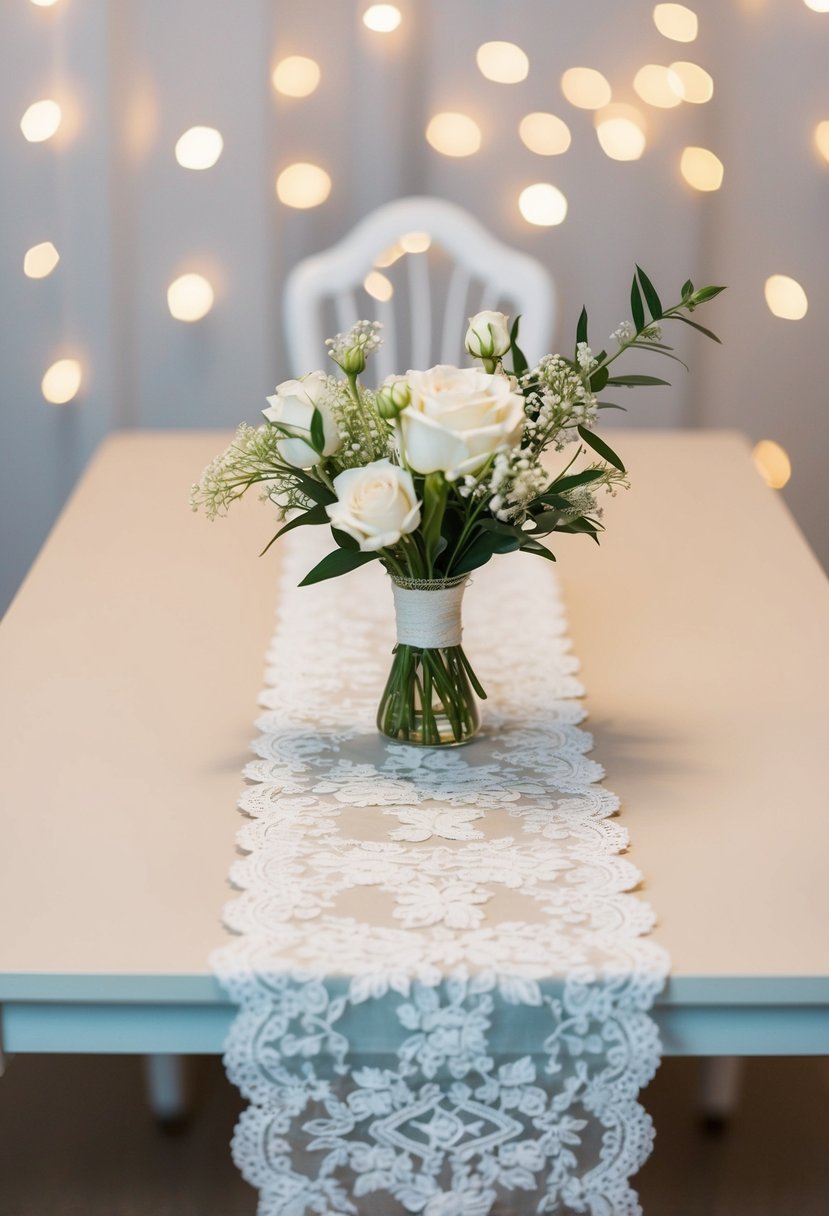 A vintage lace table runner adorns a simple wedding table, adding a touch of elegance to the setting