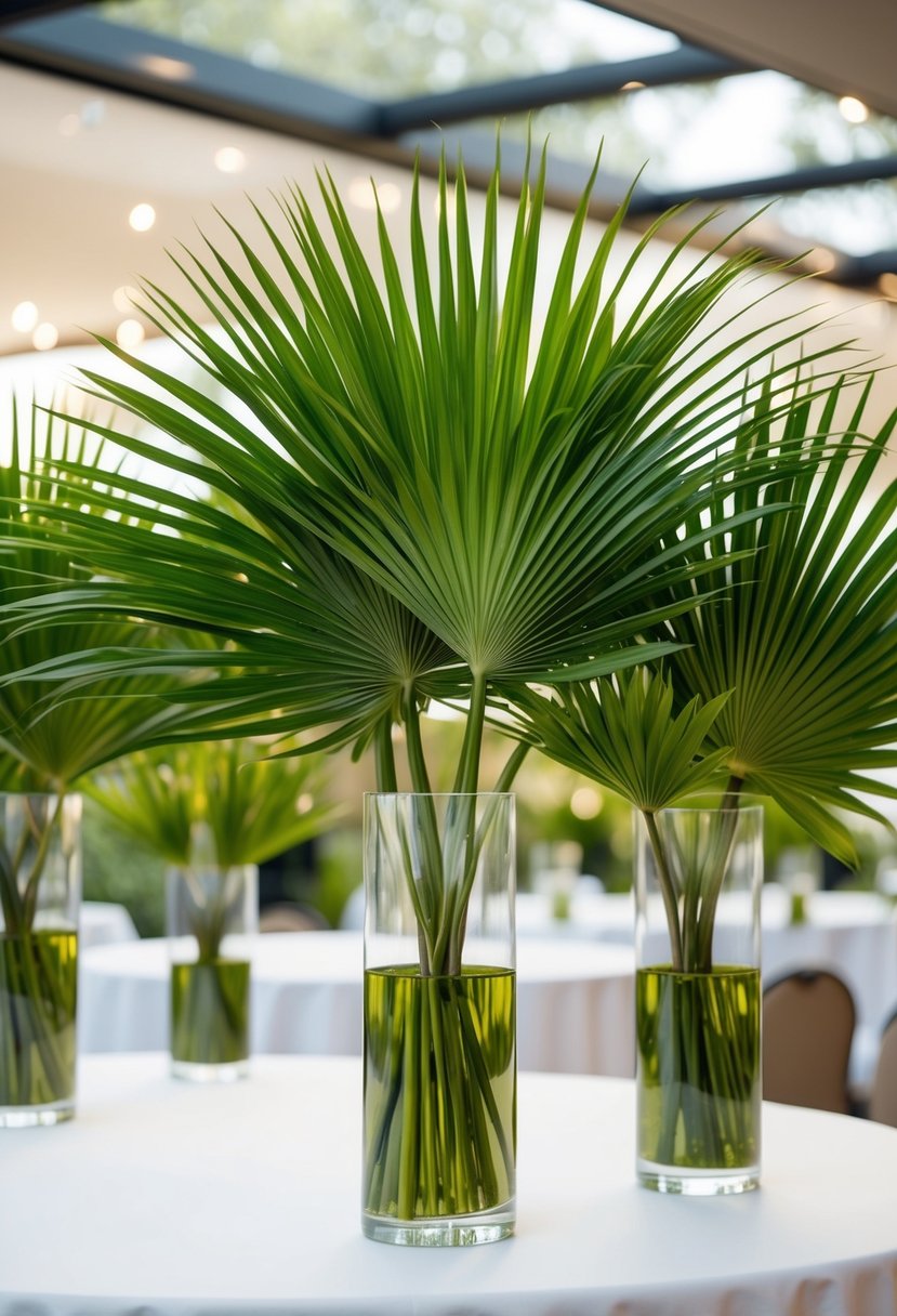 Lush green palm fronds arranged in glass vases on white tablecloths