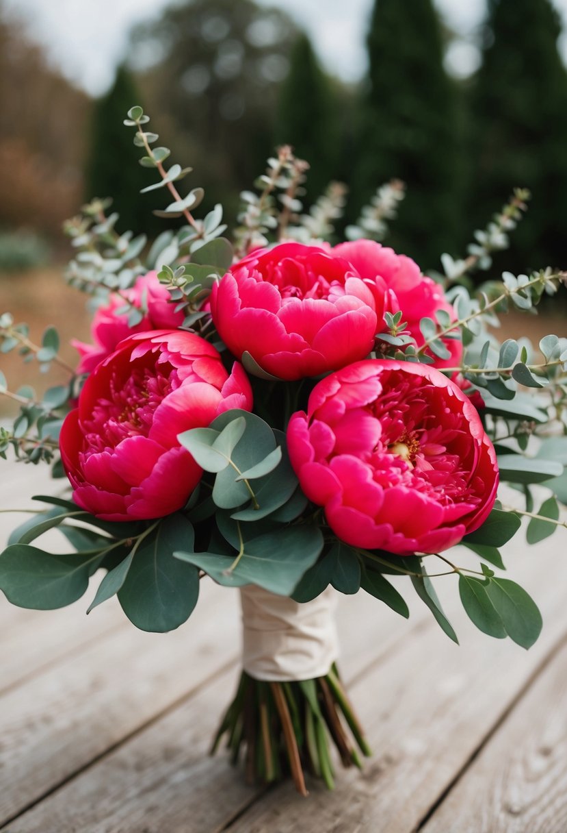 A vibrant red peony bouquet with delicate sprigs of eucalyptus, arranged in an elegant and romantic wedding bouquet