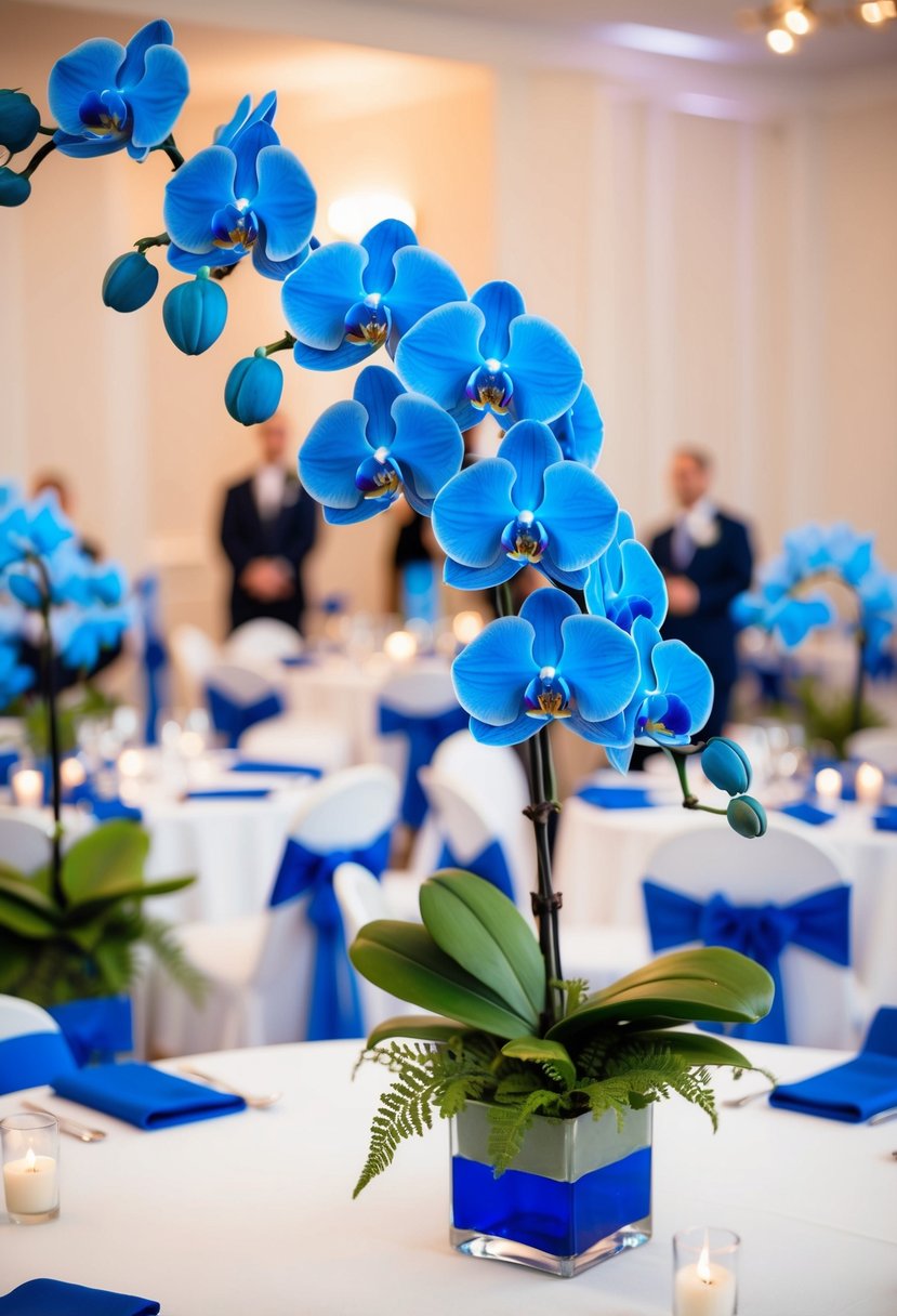 A blue orchid centerpiece on a white wedding table with blue accents