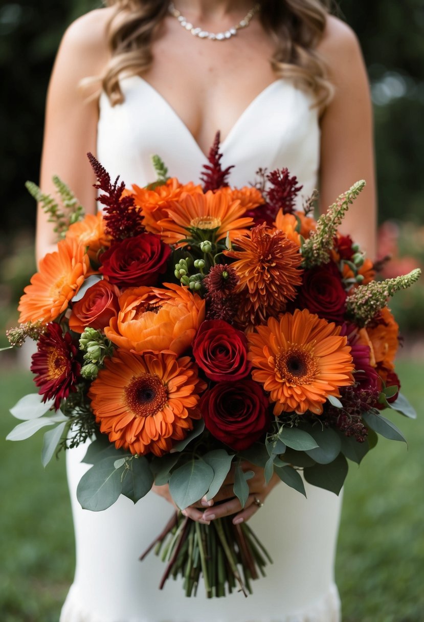 A burnt orange and red flower mix arranged in a lush wedding bouquet