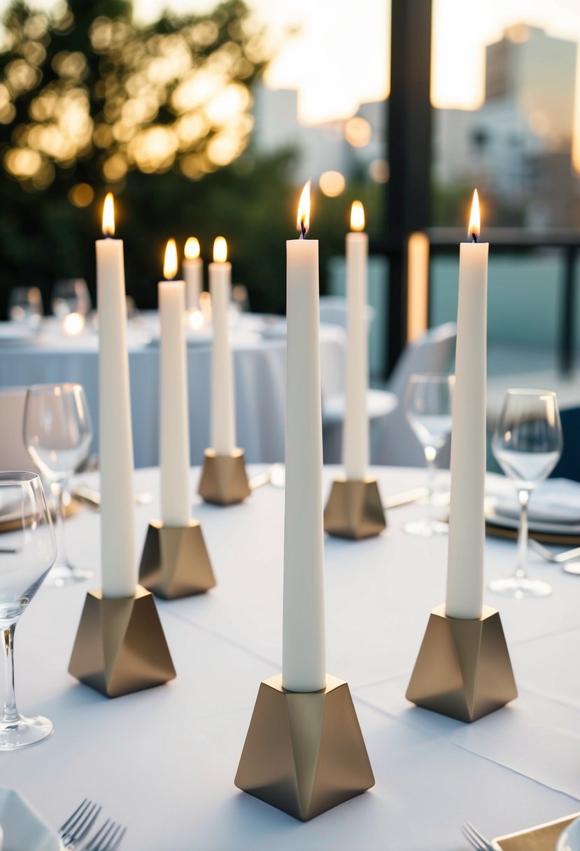 A clean, modern table setting with sleek geometric candle holders as minimalist wedding decor