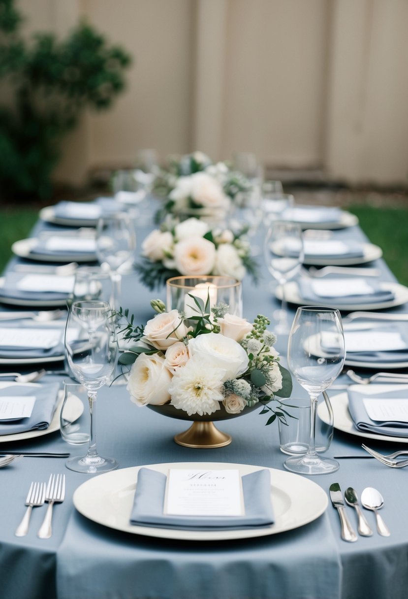 A table set with dusty blue linens, adorned with delicate floral centerpieces and elegant silverware for a wedding celebration