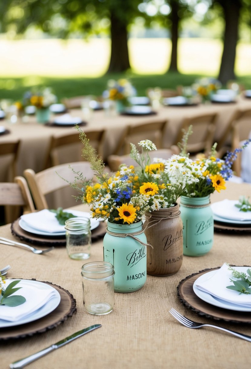 A rustic table set with burlap tablecloths, mason jar centerpieces, and wildflower bouquets