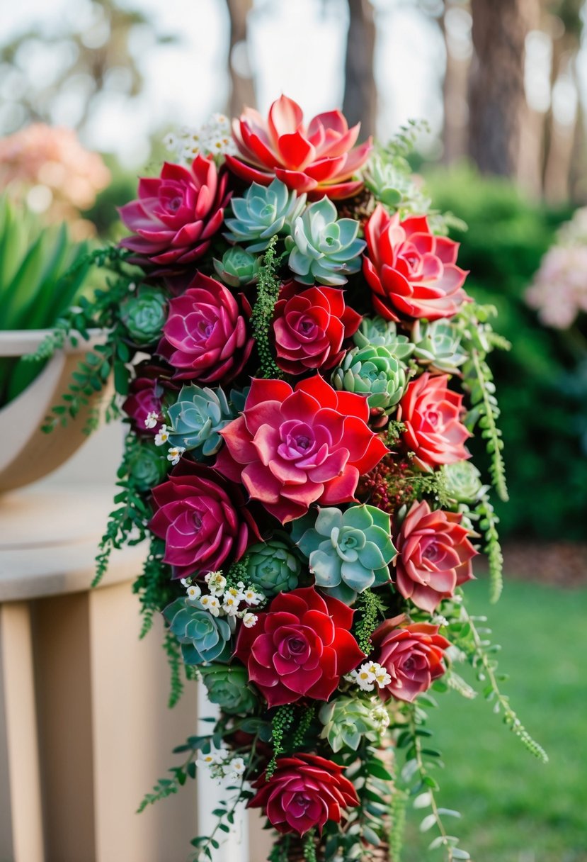 Vibrant red succulents arranged in a cascading bouquet, accented with delicate greenery and small white flowers for a unique and modern touch