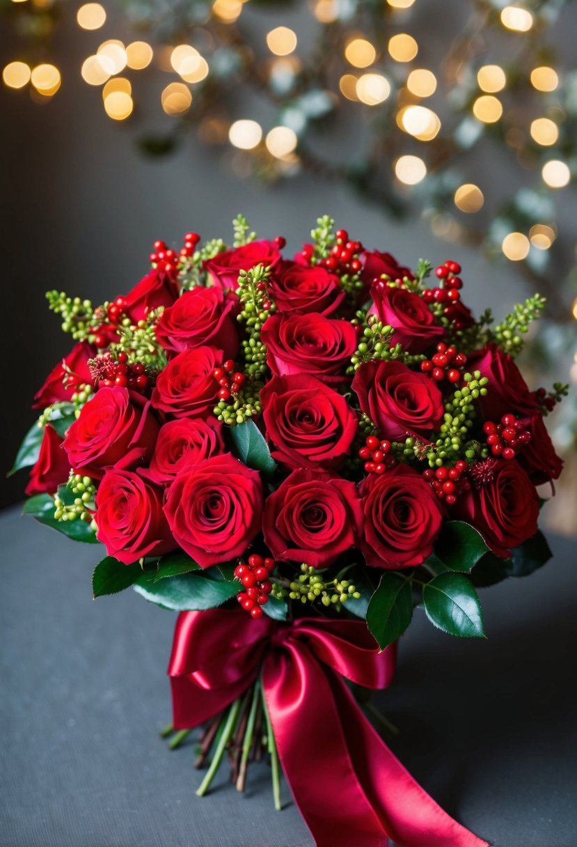 A lush bouquet of classic red roses mixed with hypericum berries, tied with a satin ribbon