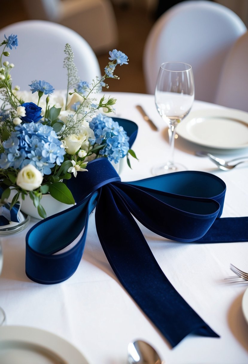 A navy velvet ribbon is elegantly wrapped around a white wedding table centerpiece, adorned with delicate blue flowers and silver accents