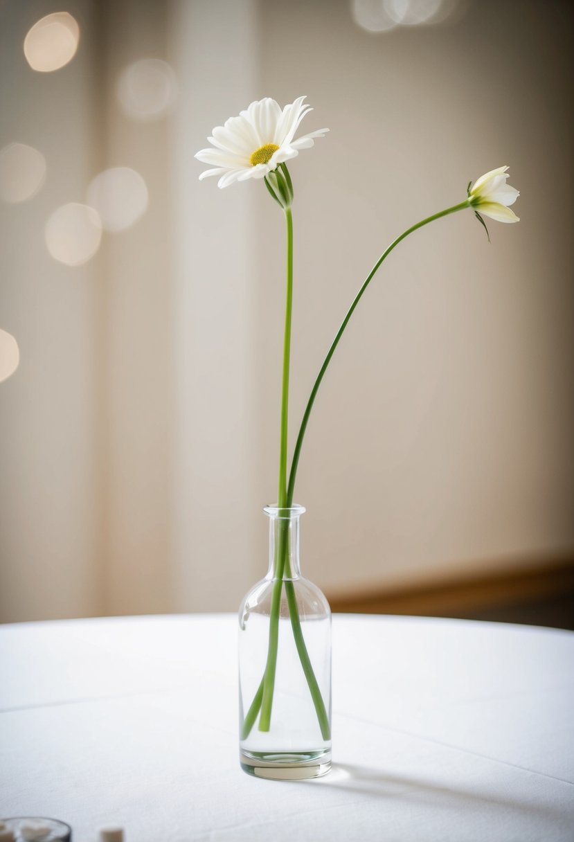 A single-stem flower in a glass vase sits on a simple wedding table, creating an elegant and minimalistic decoration