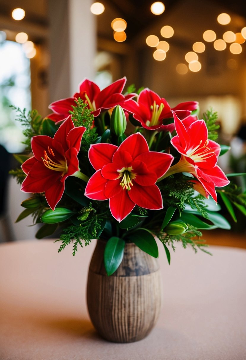 A vibrant red amaryllis and greenery wedding bouquet, arranged in a rustic wooden vase