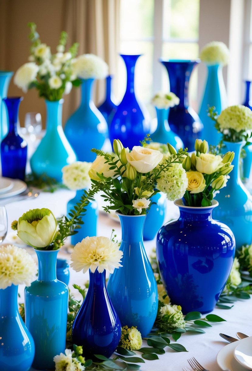 A collection of blue vases in various shapes and sizes arranged on a wedding table, filled with fresh flowers and greenery