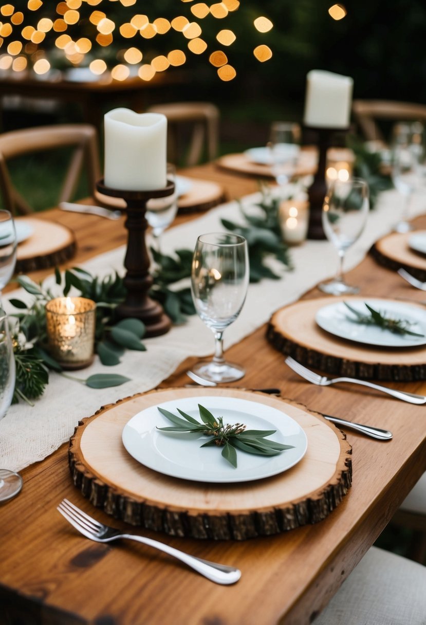 A rustic table set with natural wood slice placemats and simple wedding decor