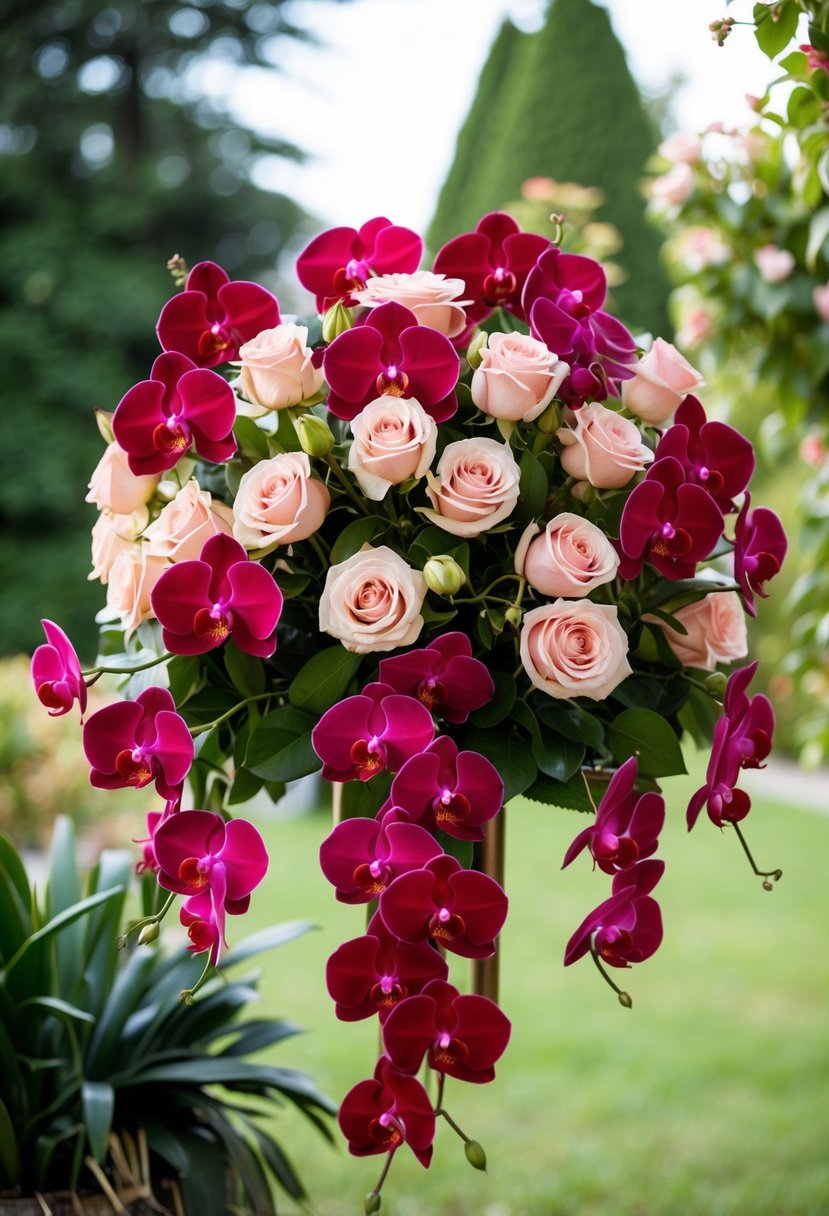 A lush bouquet of garden roses and red orchids arranged in a cascading style