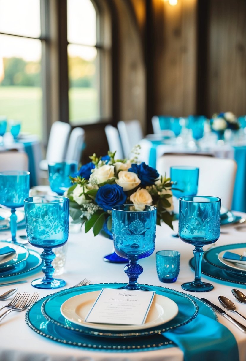 A table adorned with cerulean glassware and glamorous blue wedding decor